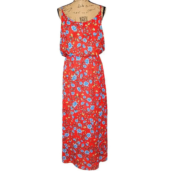 VERSE Womens Floral Boho Blouson Spaghetti Strap Maxi Dress Size XL Red Blue - Picture 1 of 16